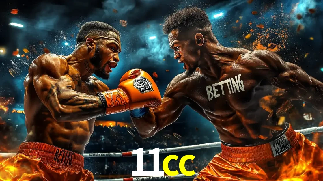 Dois boxeadores em uma luta intensa e explosiva, representando a adrenalina e as oportunidades de apostas em esportes de combate disponíveis na plataforma 11cc.