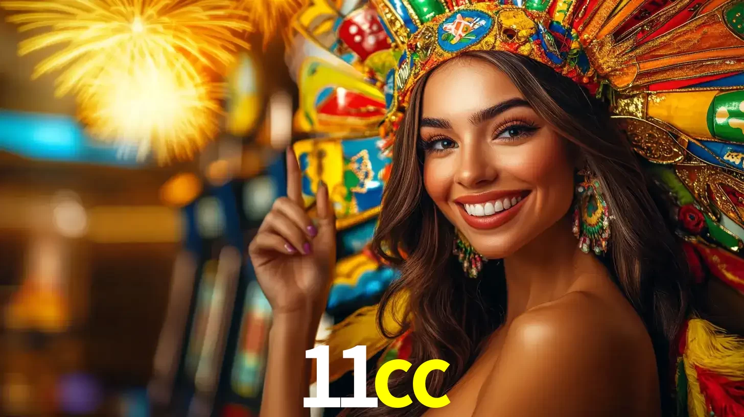 Mulher sorridente com um cocar de carnaval vibrante e colorido, celebrando uma grande vitória nos jogos do cassino 11cc com fogos de artifício ao fundo.