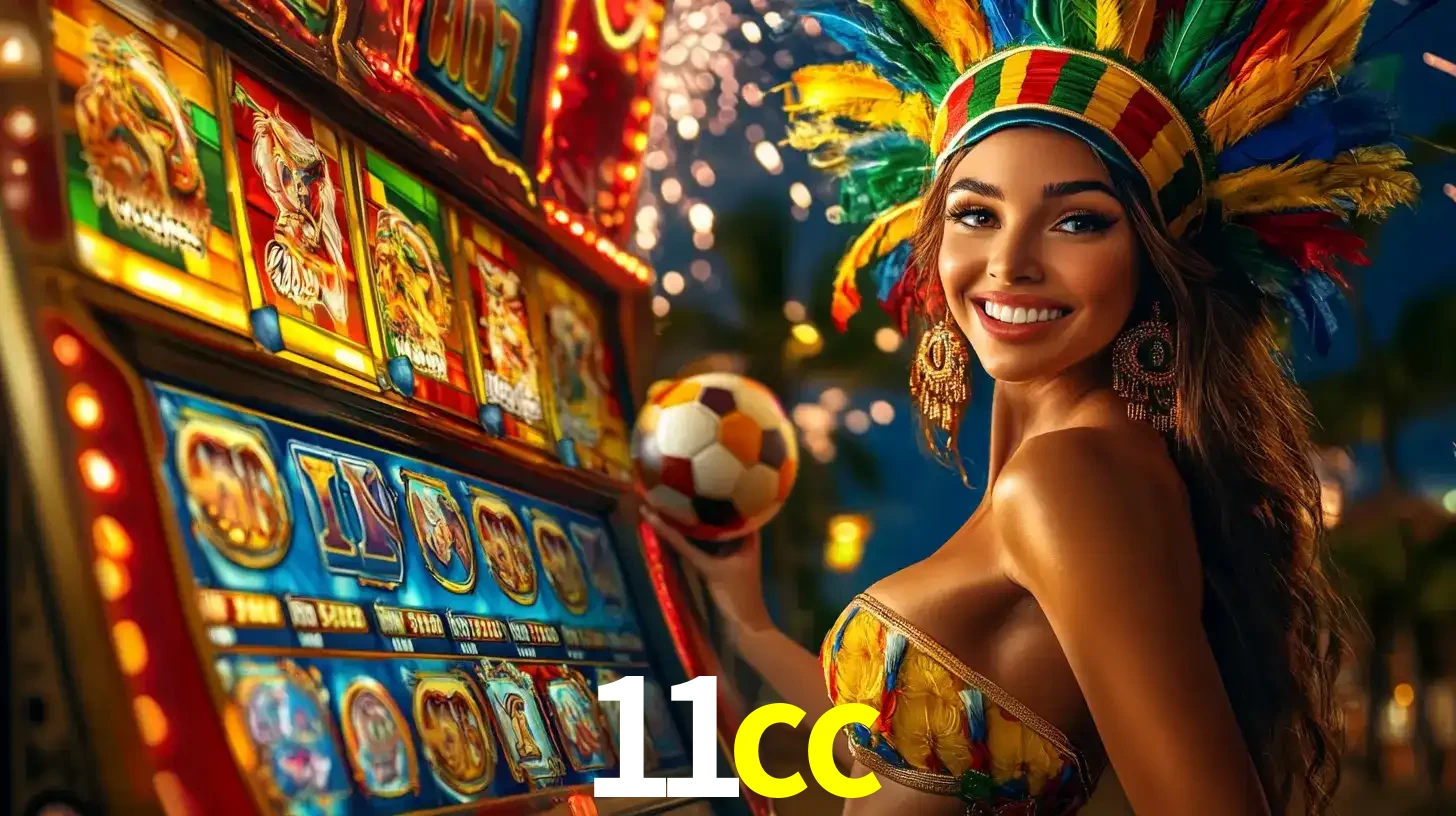Mulher com um cocar de carnaval ao lado de uma máquina de caça-níqueis enquanto segura uma bola de futebol, mostrando a união da diversão de cassino e esportes no 11cc.