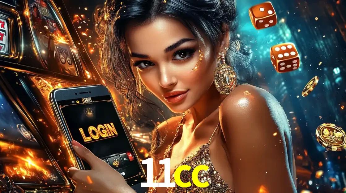 Mulher glamourosa segurando um celular com a tela de login do cassino 11cc, rodeada por dados e moedas douradas, pronta para começar a diversão.