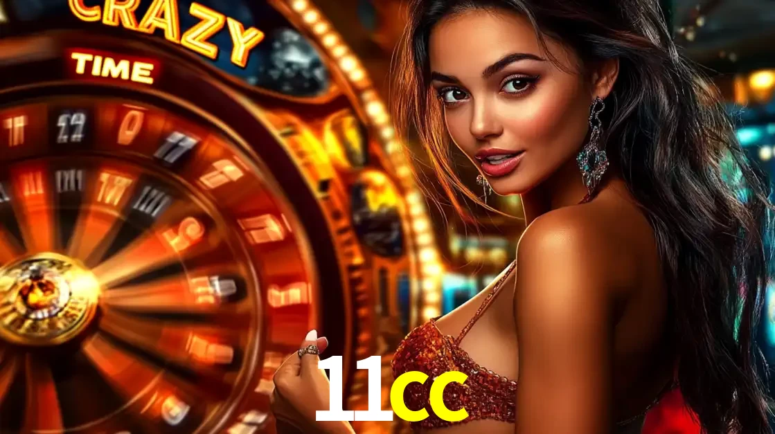 Mulher ao lado da roda de prêmios do jogo de cassino ao vivo Crazy Time, um dos shows de jogos mais emocionantes oferecidos pela plataforma de apostas 11cc.