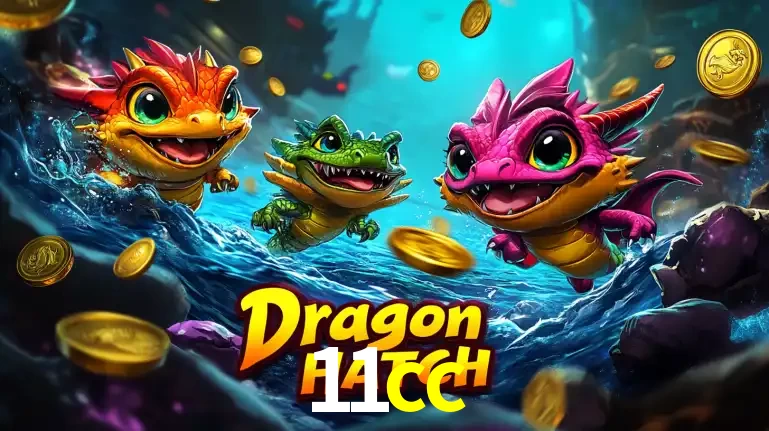 Arte promocional do jogo Dragon Hatch com três adoráveis dragões bebês nadando entre moedas de ouro, um dos slots mais divertidos para jogar no cassino 11cc.