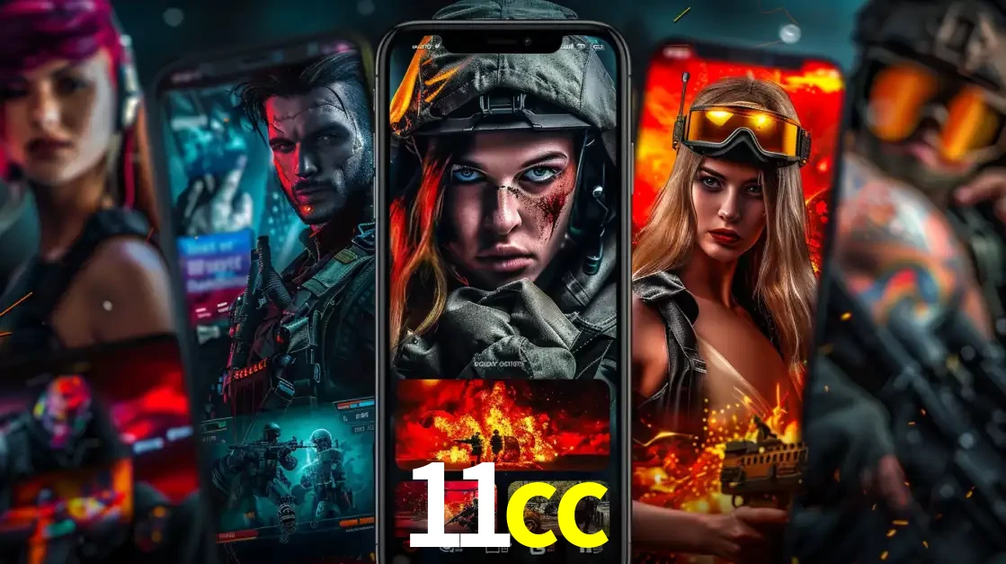 Montagem de telas de celular mostrando diversos personagens, masculinos e femininos, de um jogo de tiro, ilustrando a diversidade de equipes de e-sports para apostar no 11cc.