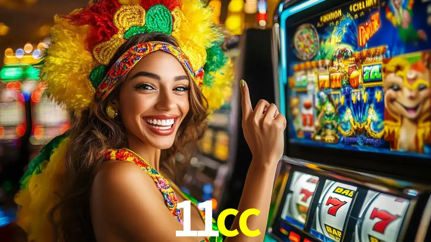Mulher animada com um cocar de carnaval apontando para uma máquina de caça-níqueis, mostrando a emoção de ganhar um grande prêmio nos jogos do 11cc.