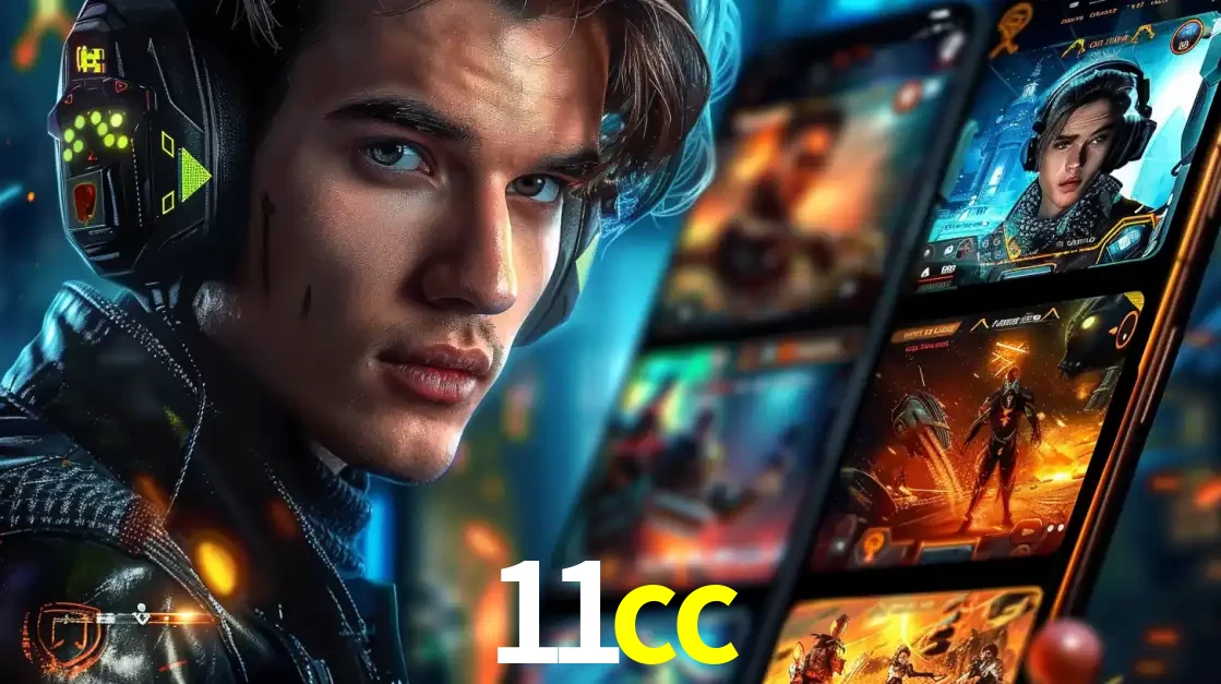 Jovem jogador com fones de ouvido olhando para a câmera, com um aplicativo de jogos e e-sports para celular ao fundo, pronto para a competição e apostas no 11cc.