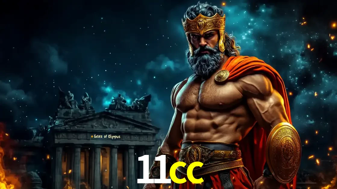 O poderoso Zeus do jogo de slot Gates of Olympus em frente ao seu templo, pronto para lançar multiplicadores divinos e prêmios épicos no cassino online 11cc.