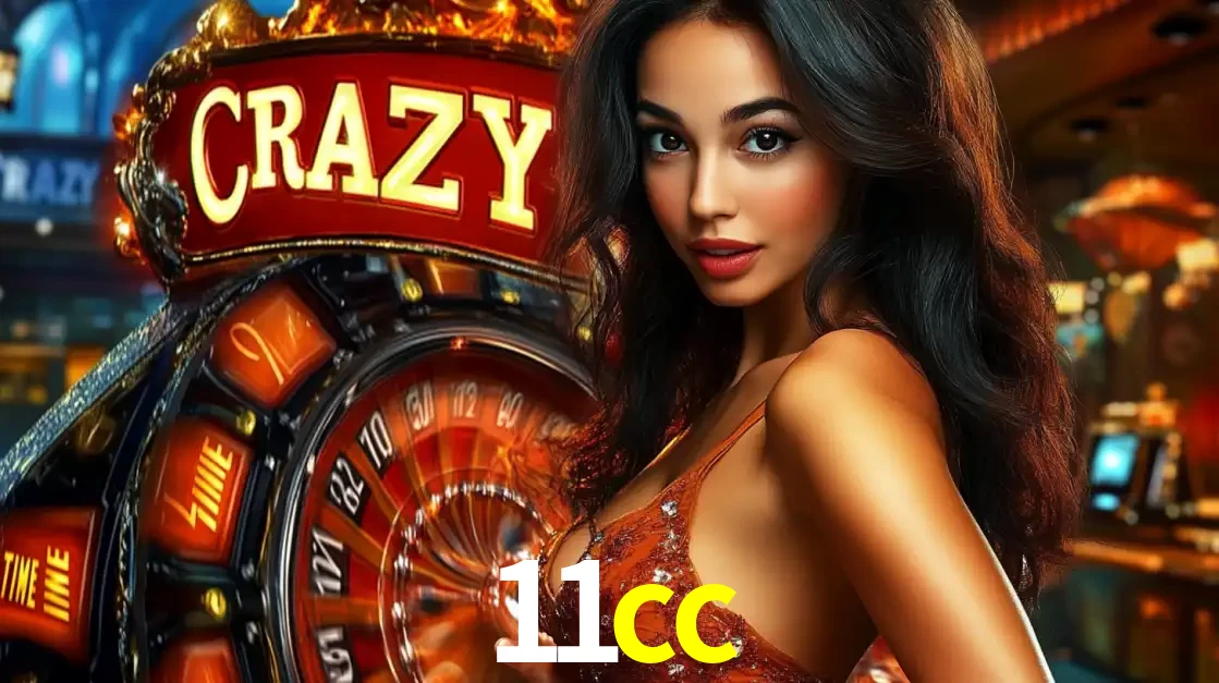 Mulher glamourosa olhando para a câmera com a roda vermelha do Crazy Time ao fundo em um ambiente de cassino, destacando a emoção dos jogos ao vivo no 11cc.