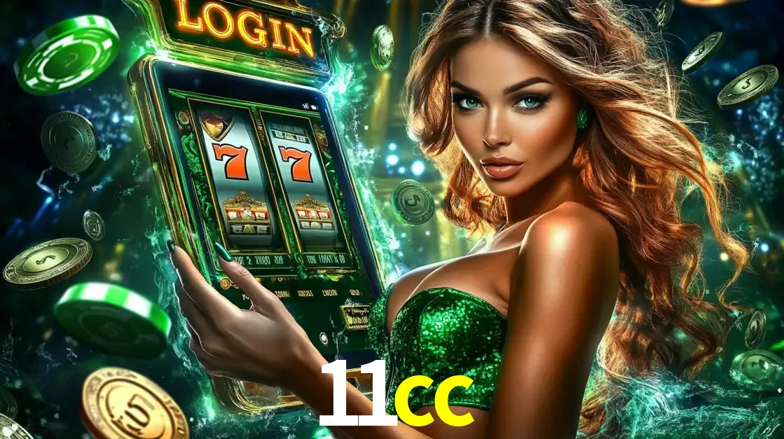 Mulher com tema verde apresentando o aplicativo do cassino 11cc com um jogo de slot de 777, cercada por fichas de cassino e uma aura de sorte.
