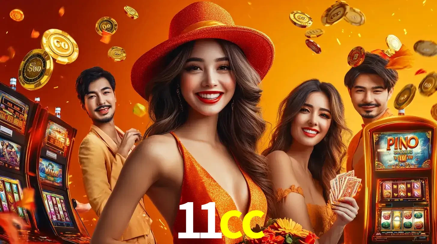 Grupo de amigos asiáticos sorrindo e se divertindo com máquinas de caça-níqueis em um ambiente festivo, celebrando suas vitórias nos jogos de cassino do 11cc.