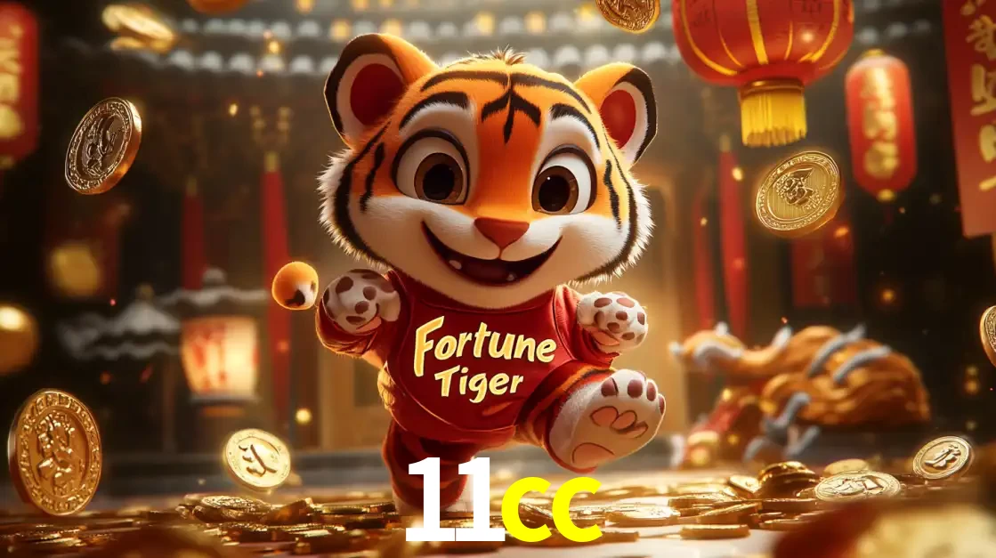 O alegre personagem do Fortune Tiger correndo sobre um caminho de moedas de ouro, simbolizando os grandes prêmios e a diversão do popular jogo de slot do 11cc.