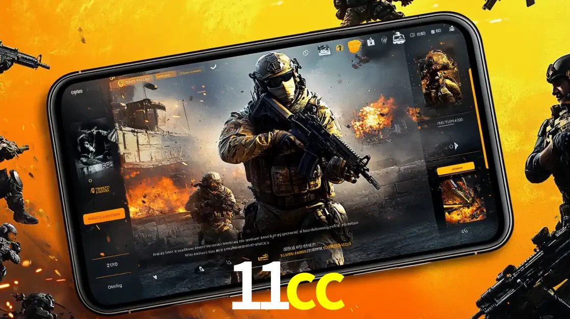 Um smartphone exibindo a interface de um jogo de tiro em primeira pessoa, com um soldado em um cenário de batalha, representando a ação dos e-sports para apostar no 11cc.