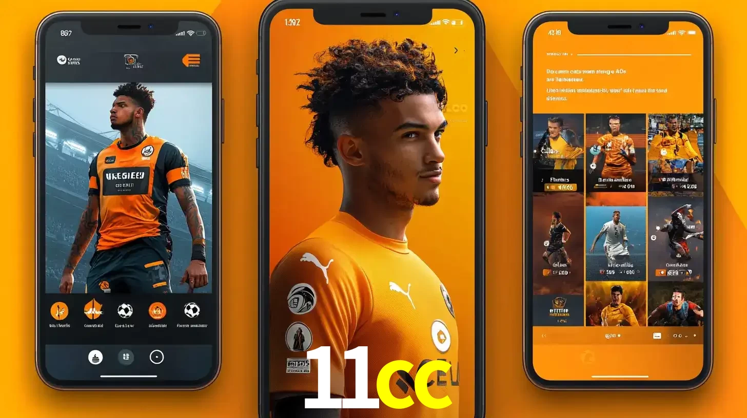 Interface do aplicativo de apostas esportivas 11cc em três telas de celular, mostrando o perfil de um jogador de futebol e a lista de jogos disponíveis para apostar.