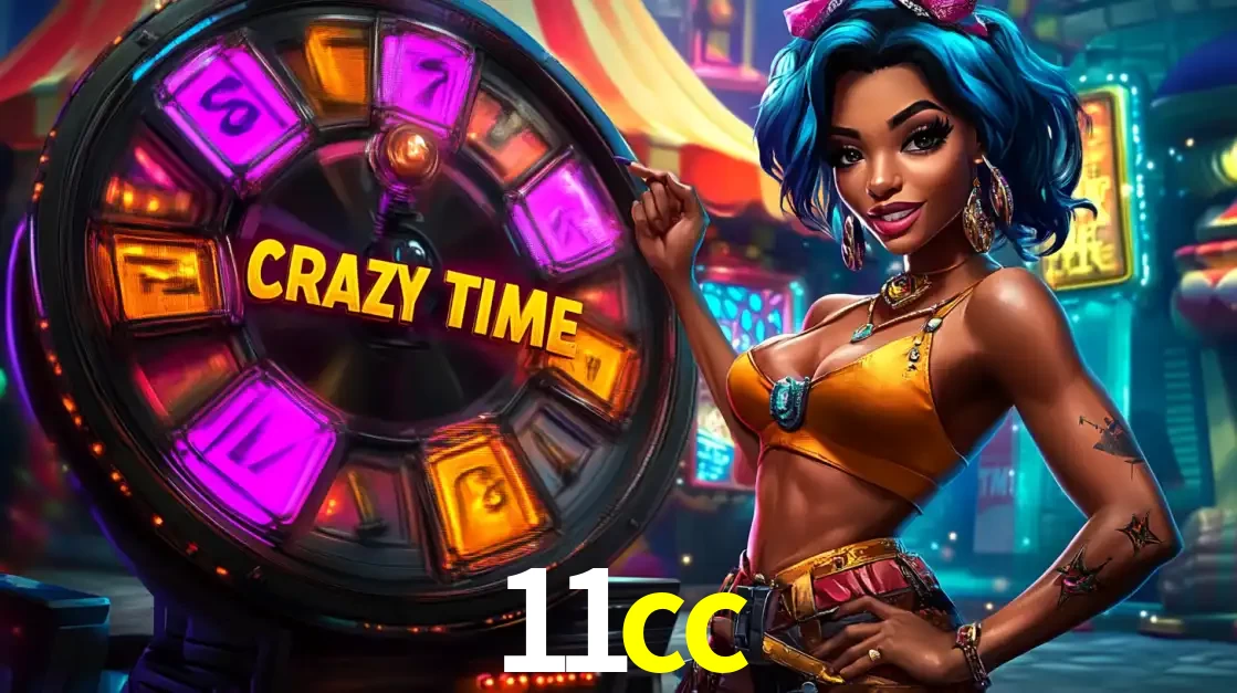 Mulher estilizada com cabelo azul e visual vibrante posando ao lado da roda de prêmios do game show Crazy Time, convidando para a diversão e os bônus do cassino 11cc.
