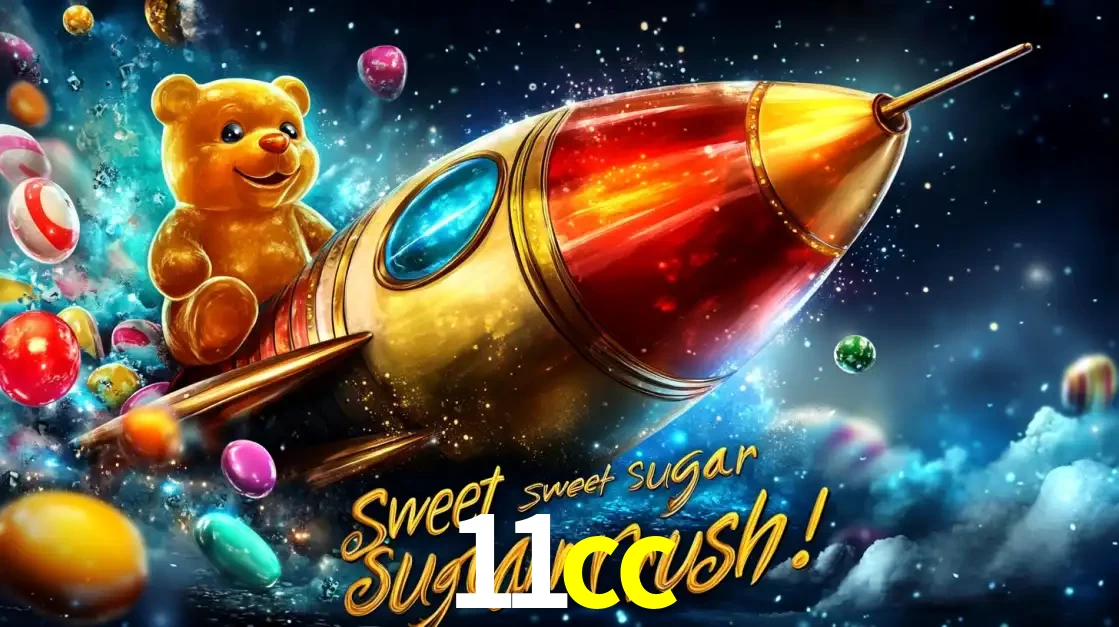 Arte promocional do jogo de slot Sugar Rush, com um urso de pelúcia em um foguete viajando pelo espaço de doces, um dos jogos divertidos disponíveis no cassino 11cc.
