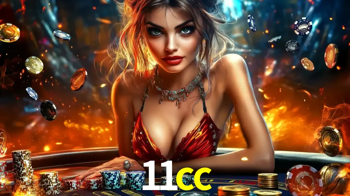 Mulher em uma mesa de cassino com pilhas de fichas e um fundo de fogo, pronta para uma rodada de altas apostas nos jogos de mesa emocionantes do cassino 11cc.