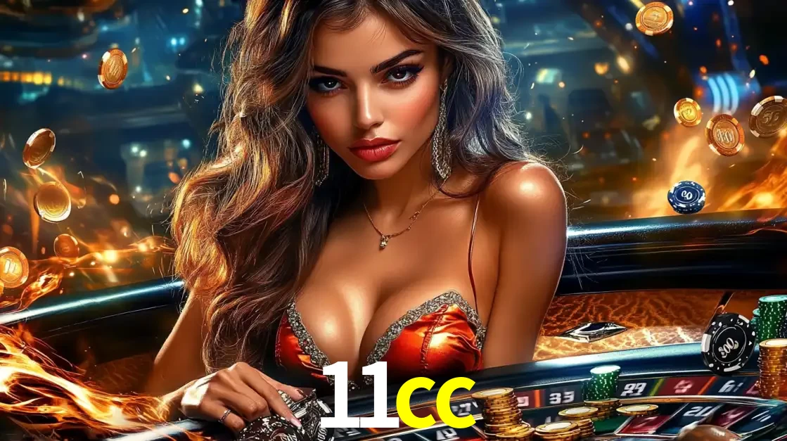 Mulher glamourosa em uma mesa de roleta com um fundo de chamas e moedas voadoras, pronta para fazer sua aposta e ganhar grandes prêmios no cassino ao vivo 11cc.