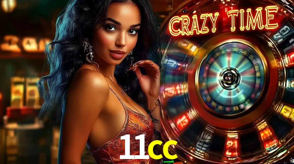 Mulher elegante ao lado da vibrante roda da fortuna do jogo de cassino ao vivo Crazy Time, um dos game shows mais populares e cheios de prêmios do 11cc.