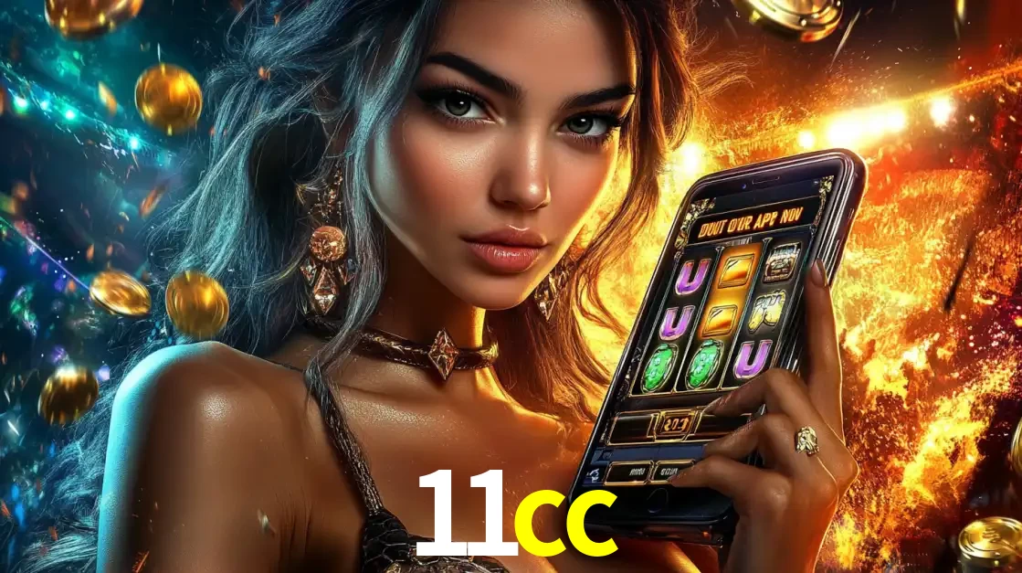 Mulher elegante mostrando um jogo de caça-níqueis em seu smartphone, destacando a experiência de cassino móvel oferecida pelo aplicativo 11cc.