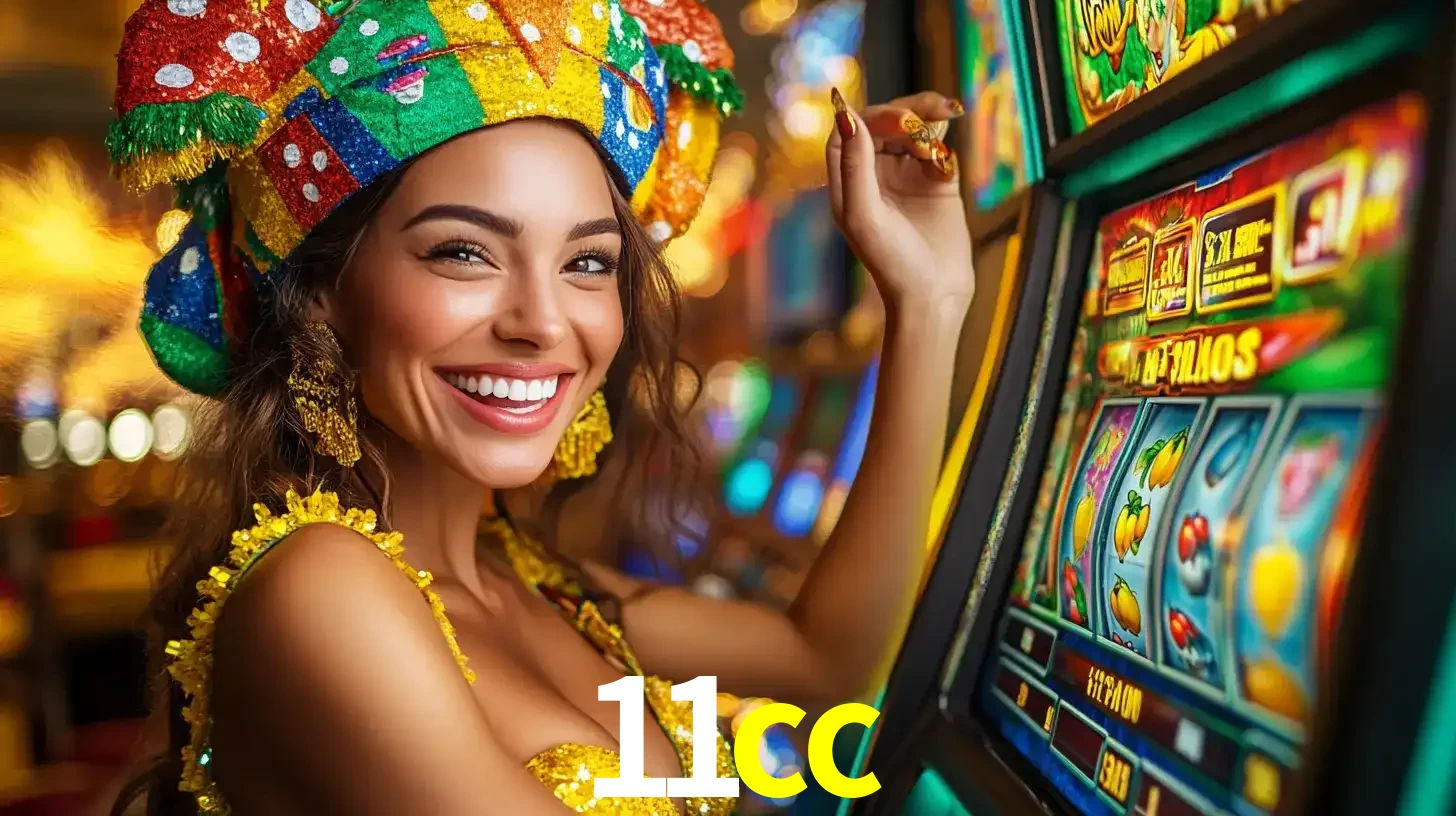 Mulher feliz com traje de carnaval amarelo e colorido ao lado de uma máquina de caça-níqueis, aproveitando a diversão e os jogos temáticos do cassino 11cc.
