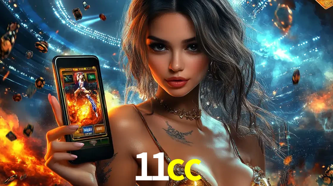 Mulher segurando um celular com um jogo de slot em destaque, tendo como fundo um estádio vibrante, simbolizando a emoção de jogar no cassino móvel 11cc.