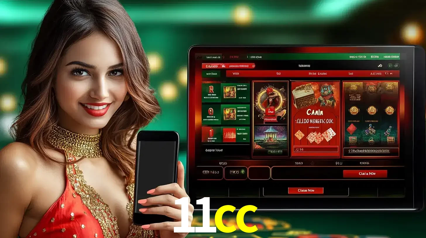 Mulher sorridente segurando um smartphone, ao lado de uma tela exibindo o lobby de jogos do cassino online 11cc, com várias opções de jogos de cartas e slots.